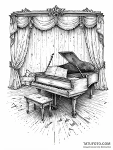 An abandoned, dusty ballroom with tattered cu... - эскиз тату (№1754331466_0, 04.08.2025 18:17) — Tatufoto.com