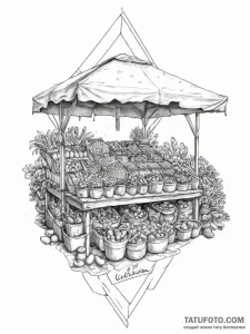 A shot of a farmer's market stall, overflowin... - эскиз тату (№1754333319_0, 04.08.2025 18:48) — Tatufoto.com