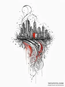 A barcode that morphs into a cityscape, tatto... - эскиз тату (№1754346268_0, 04.08.2025 22:24) — Tatufoto.com