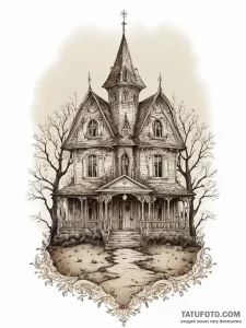 A haunted house silhouette, artistic tattoo s... - эскиз тату (№1754395539_0, 05.08.2025 12:05) — Tatufoto.com