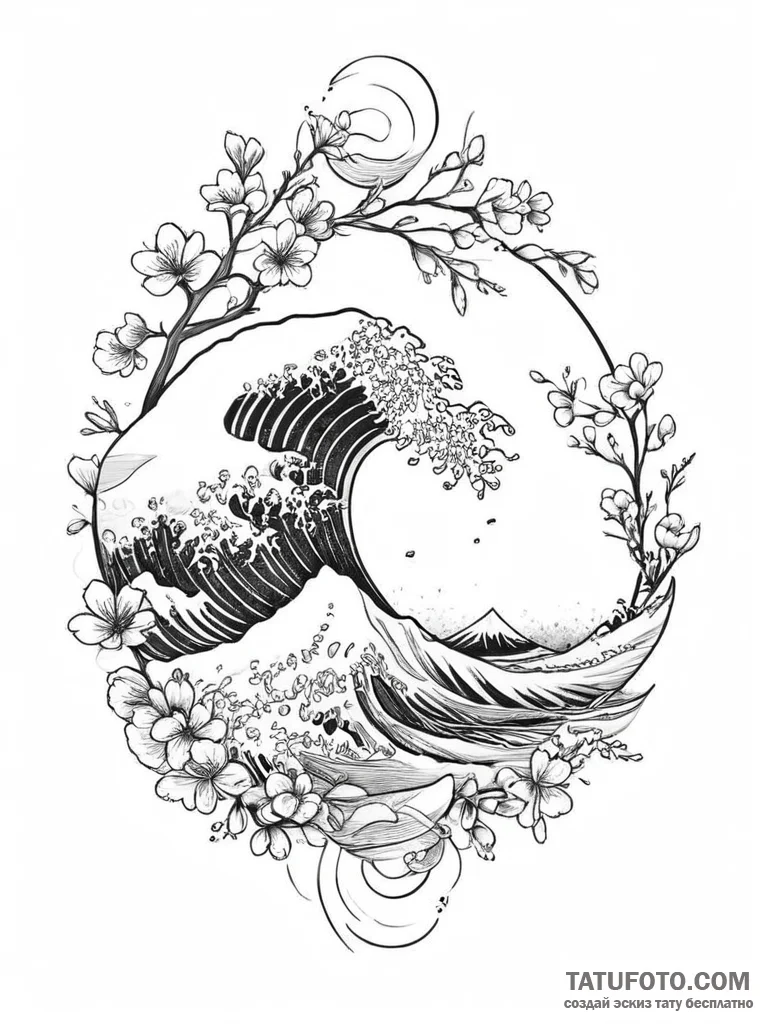 Sakura, waves), on a clean white paper, isola... - эскиз тату (№1754399777_0, 05.08.2025 13:16) — Tatufoto.com