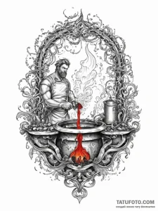 A blacksmith quenching a hot piece of metal i... - эскиз тату (№1754400989_0, 05.08.2025 13:36) — Tatufoto.com