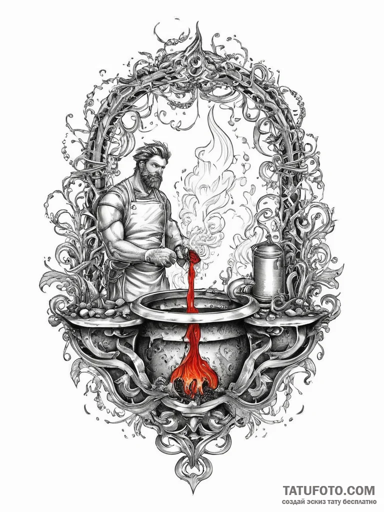 A blacksmith quenching a hot piece of metal i... - эскиз тату (№1754400989_0, 05.08.2025 13:36) — Tatufoto.com