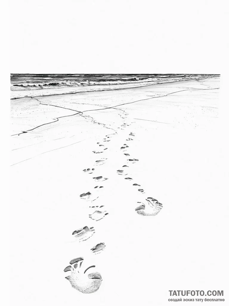 A shot of a deserted beach with footprints le... - эскиз тату (№1754401598_0, 05.08.2025 13:46) — Tatufoto.com