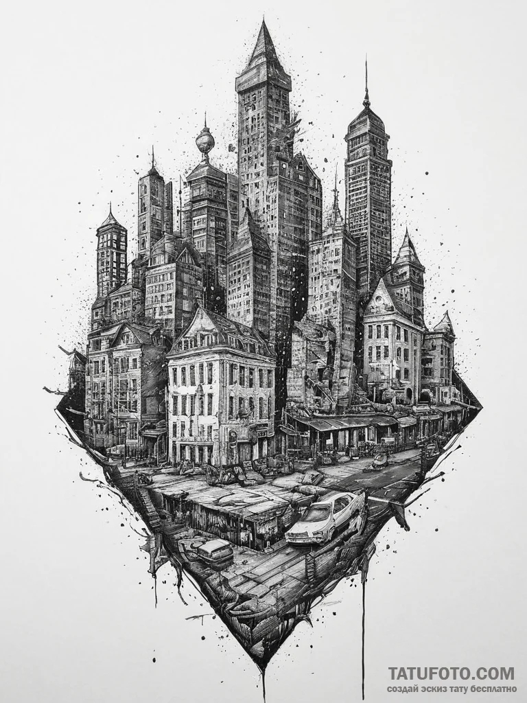 Tattoo sketch a post-apocalyptic cityscape wi... - эскиз тату (№1754403851_0, 05.08.2025 14:24) — Tatufoto.com