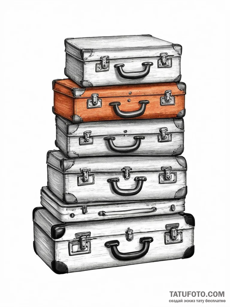 A stack of old, vintage suitcases., ink illus... - эскиз тату (№1754408389_0, 05.08.2025 15:39) — Tatufoto.com
