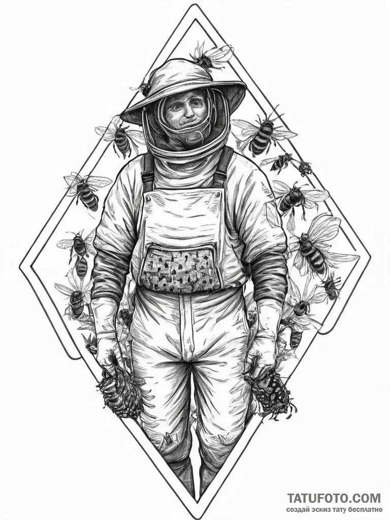 A portrait of a beekeeper holding a frame swa... - эскиз тату (№1754408796_0, 05.08.2025 15:46) — Tatufoto.com