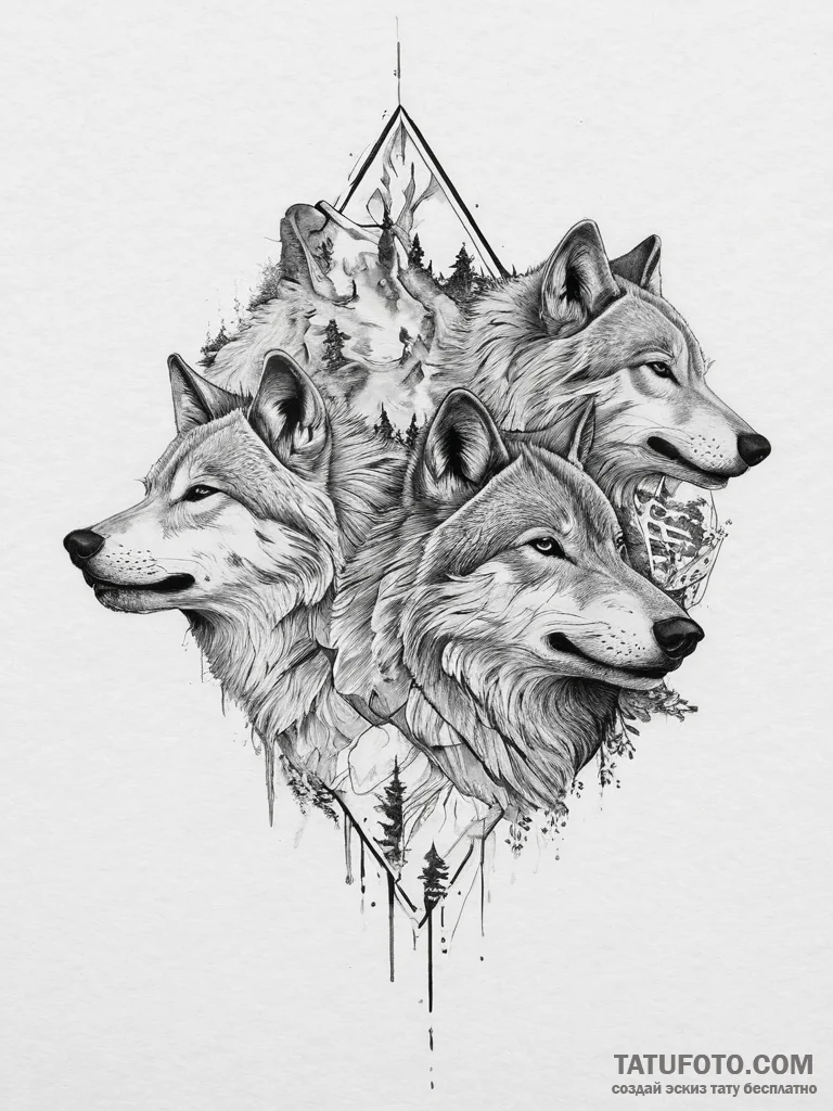 Tattoo sketch a wolf pack in full stride, for... - эскиз тату (№1754416220_0, 05.08.2025 17:50) — Tatufoto.com