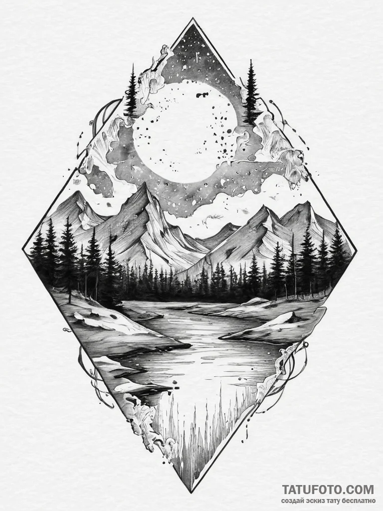 Tattoo sketch an aurora borealis effect in wa... - эскиз тату (№1754419281_0, 05.08.2025 18:41) — Tatufoto.com