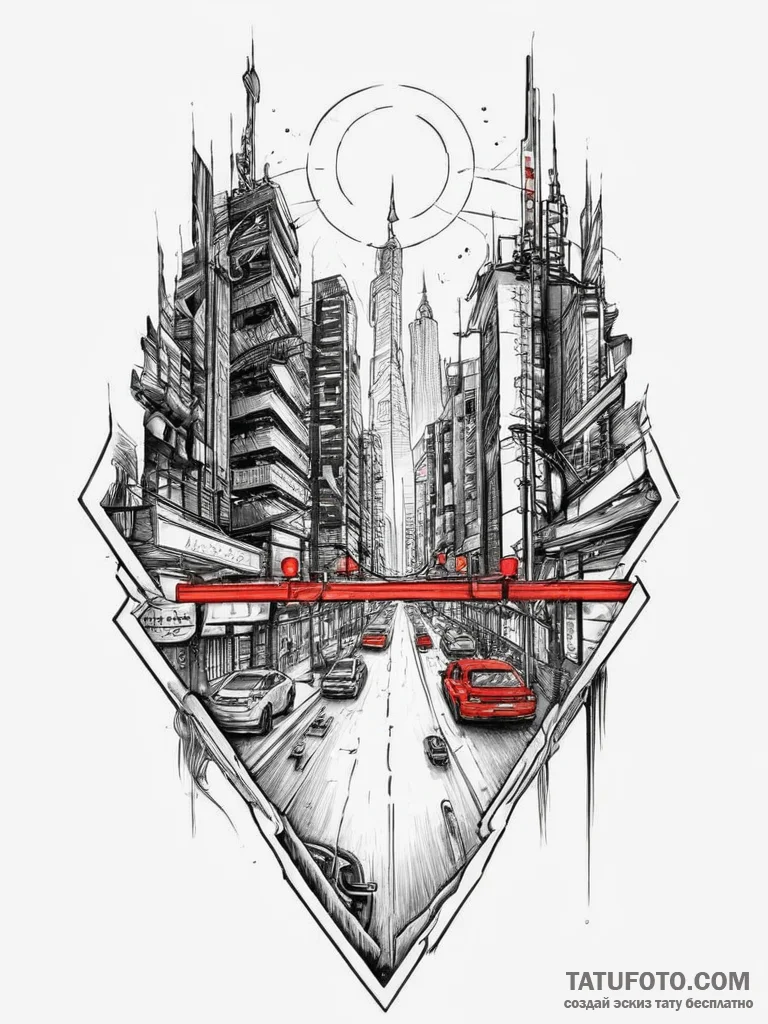 The neon-lit, cyberpunk-esque streets of a fu... - эскиз тату (№1754419874_0, 05.08.2025 18:51) — Tatufoto.com