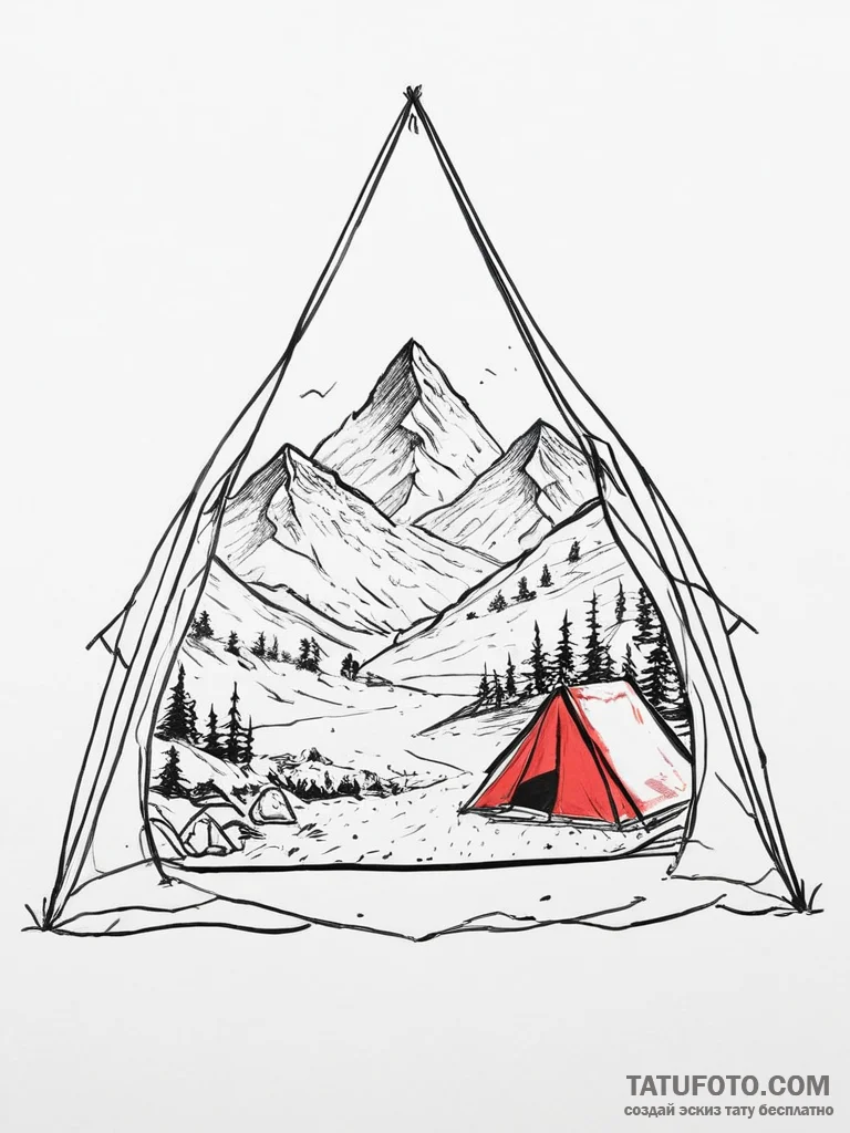 The view from inside a tent, looking out at a... - эскиз тату (№1754420087_0, 05.08.2025 18:54) — Tatufoto.com