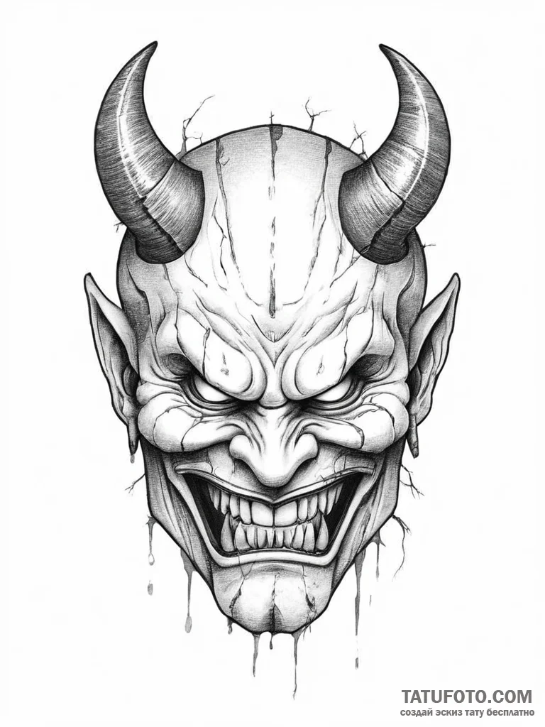 An oni mask cracking to reveal a human face - эскиз тату (№1754430193_0, 05.08.2025 21:43) — Tatufoto.com