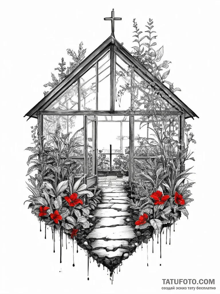 The interior of a greenhouse, humid and fille... - эскиз тату (№1754431386_0, 05.08.2025 22:03) — Tatufoto.com