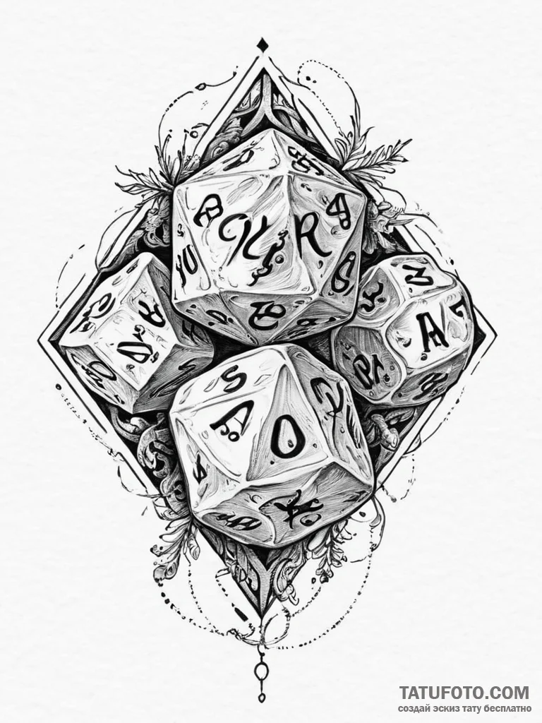Tattoo sketch a stylized d20 dice rolling mid... - эскиз тату (№1754434189_0, 05.08.2025 22:49) — Tatufoto.com
