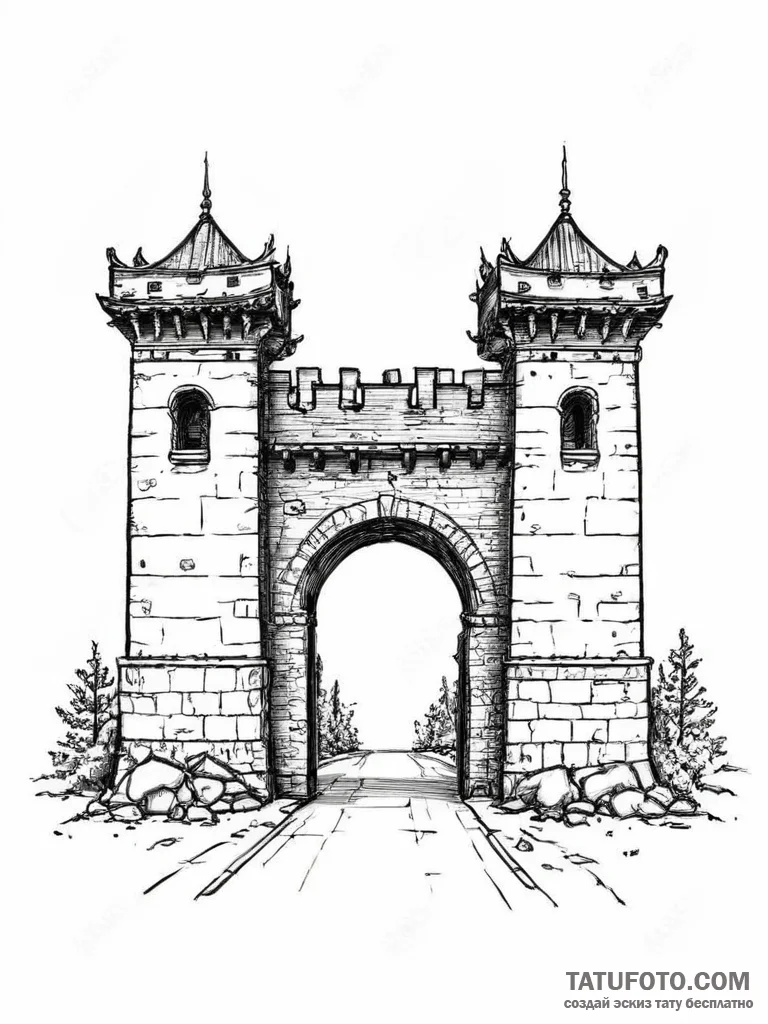 Tattoo sketch a fortified city gate, symboliz... - эскиз тату (№1754440869_0, 06.08.2025 00:41) — Tatufoto.com