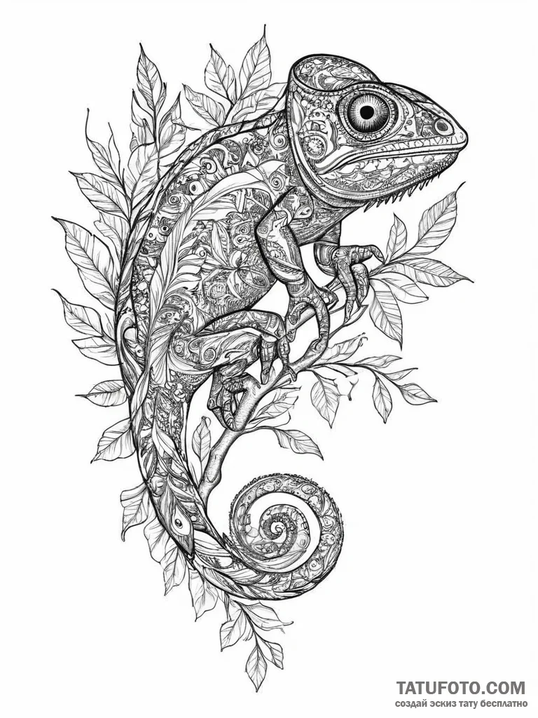 A chameleon perfectly camouflaged on a leafy... - эскиз тату (№1754442439_0, 06.08.2025 01:07) — Tatufoto.com