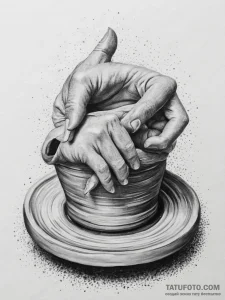 A pottery wheel in motion, clay being shaped... - эскиз тату (№1754452517_0, 06.08.2025 03:55) — Tatufoto.com