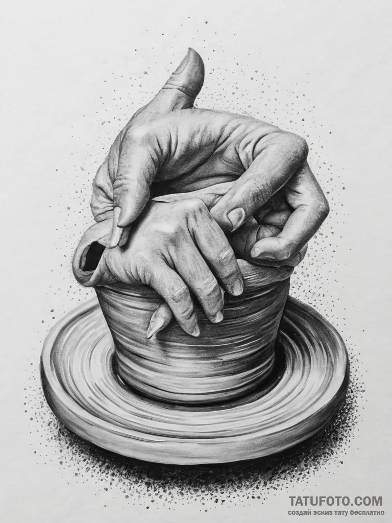 A pottery wheel in motion, clay being shaped... - эскиз тату (№1754452517_0, 06.08.2025 03:55) — Tatufoto.com