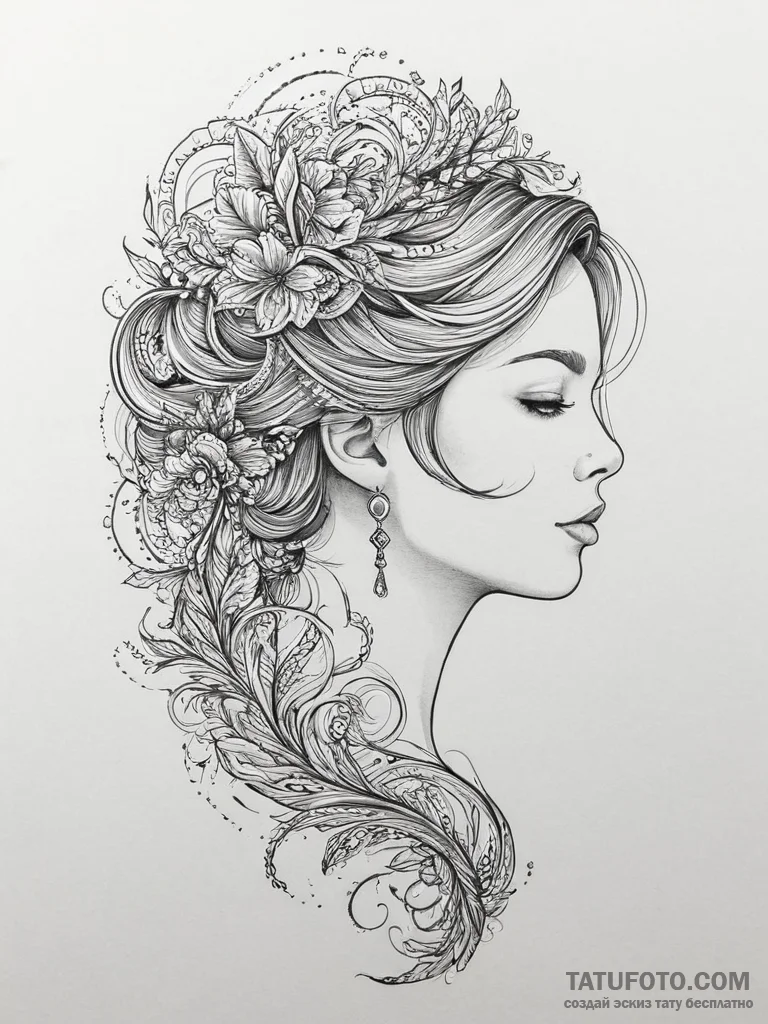 Tattoo sketch a fine line portrait of a woman... - эскиз тату (№1754453319_0, 06.08.2025 04:08) — Tatufoto.com