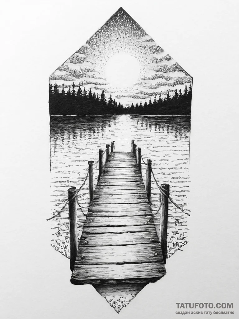 An old wooden pier stretching out into a calm... - эскиз тату (№1754454930_0, 06.08.2025 04:35) — Tatufoto.com