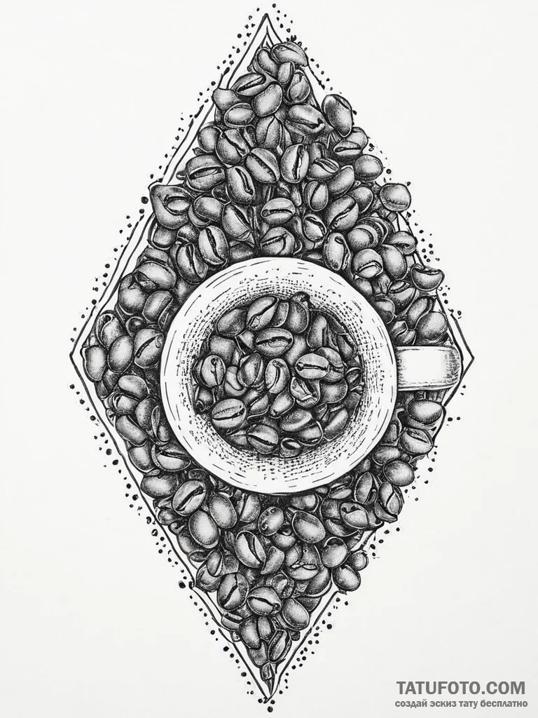 A close-up of roasting coffee beans., ink ill... - эскиз тату (№1754455335_0, 06.08.2025 04:42) — Tatufoto.com