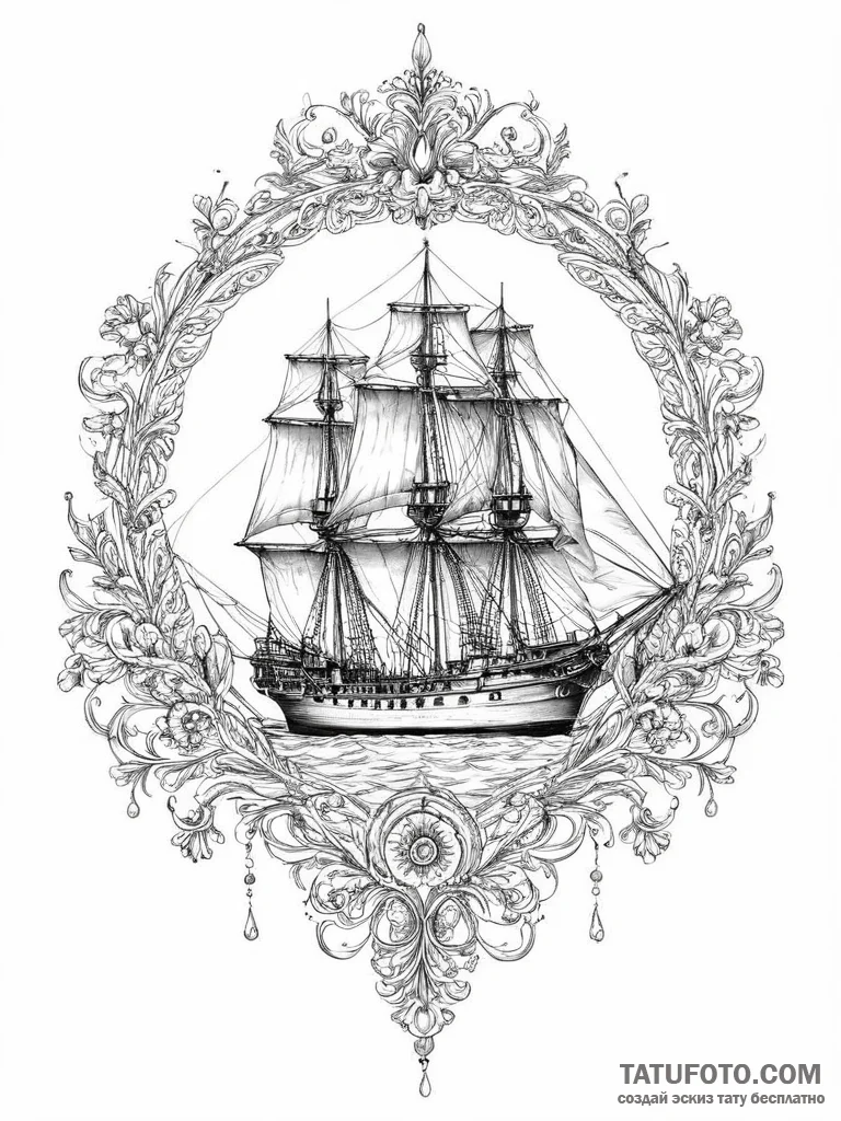 Frigate, artistic tattoo sketch, black outlin... - эскиз тату (№1754458341_0, 06.08.2025 05:32) — Tatufoto.com