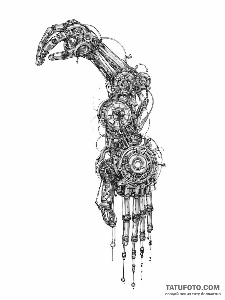Tattoo sketch a robotic arm with exposed wire... - эскиз тату (№1754463760_0, 06.08.2025 07:02) — Tatufoto.com