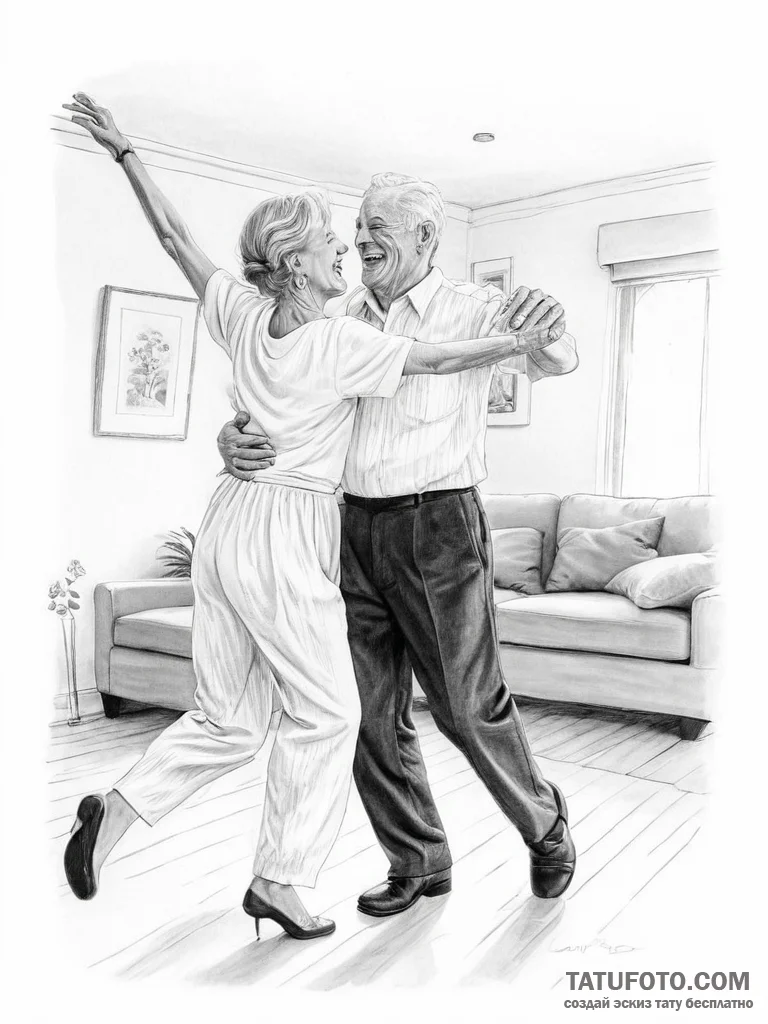 A joyful, candid photo of an old couple danci... - эскиз тату (№1754468222_0, 06.08.2025 08:17) — Tatufoto.com