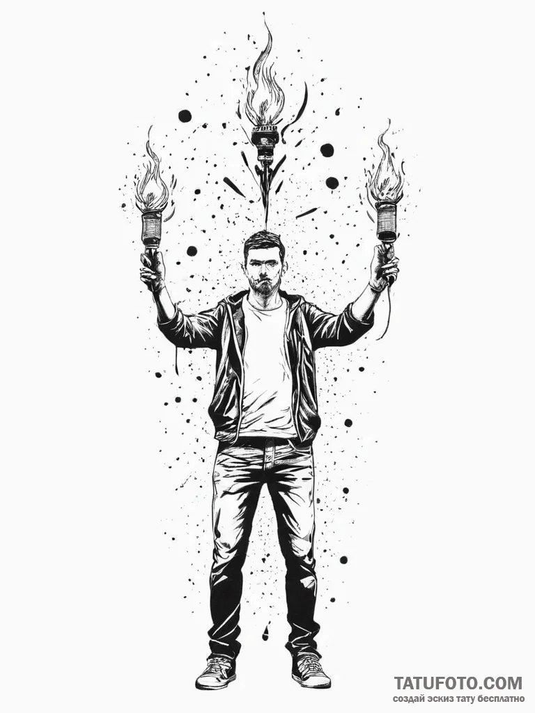 A street performer juggling flaming torches a... - эскиз тату (№1754469225_0, 06.08.2025 08:33) — Tatufoto.com