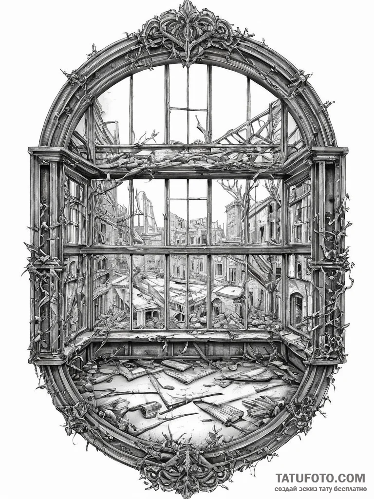 The interior of an old, abandoned factory wit... - эскиз тату (№1754469427_0, 06.08.2025 08:37) — Tatufoto.com