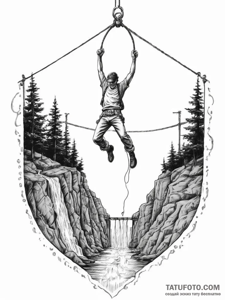 A person bungee jumping from a bridge., ink i... - эскиз тату (№1754470839_0, 06.08.2025 09:00) — Tatufoto.com