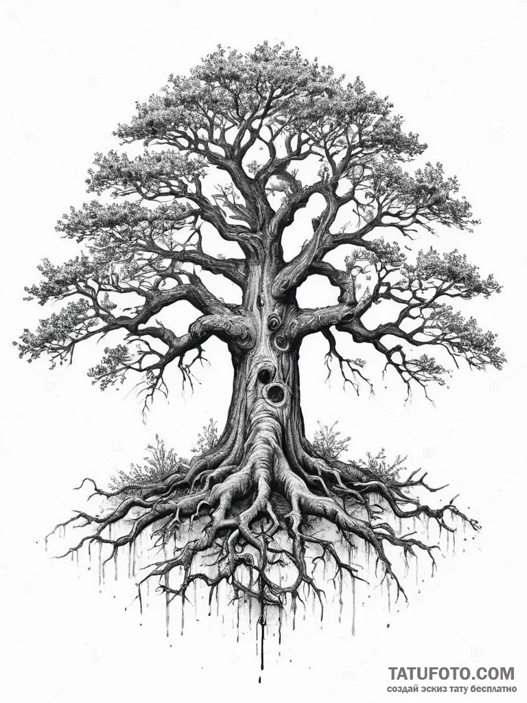 Tattoo sketch a gnarled, ancient oak tree wit... - эскиз тату (№1754472054_0, 06.08.2025 09:20) — Tatufoto.com