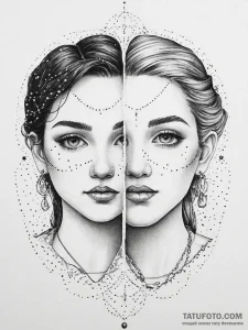 Tattoo sketch gemini faces in detailed dotwor... - эскиз тату (№1754472859_0, 06.08.2025 09:34) — Tatufoto.com