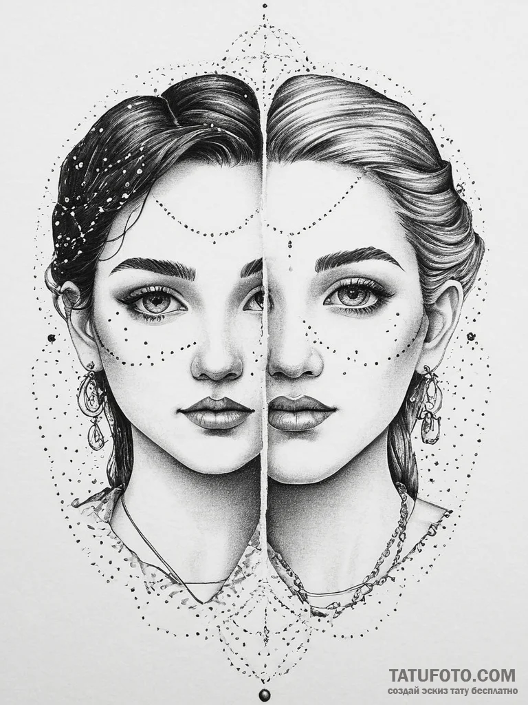 Tattoo sketch gemini faces in detailed dotwor... - эскиз тату (№1754472859_0, 06.08.2025 09:34) — Tatufoto.com