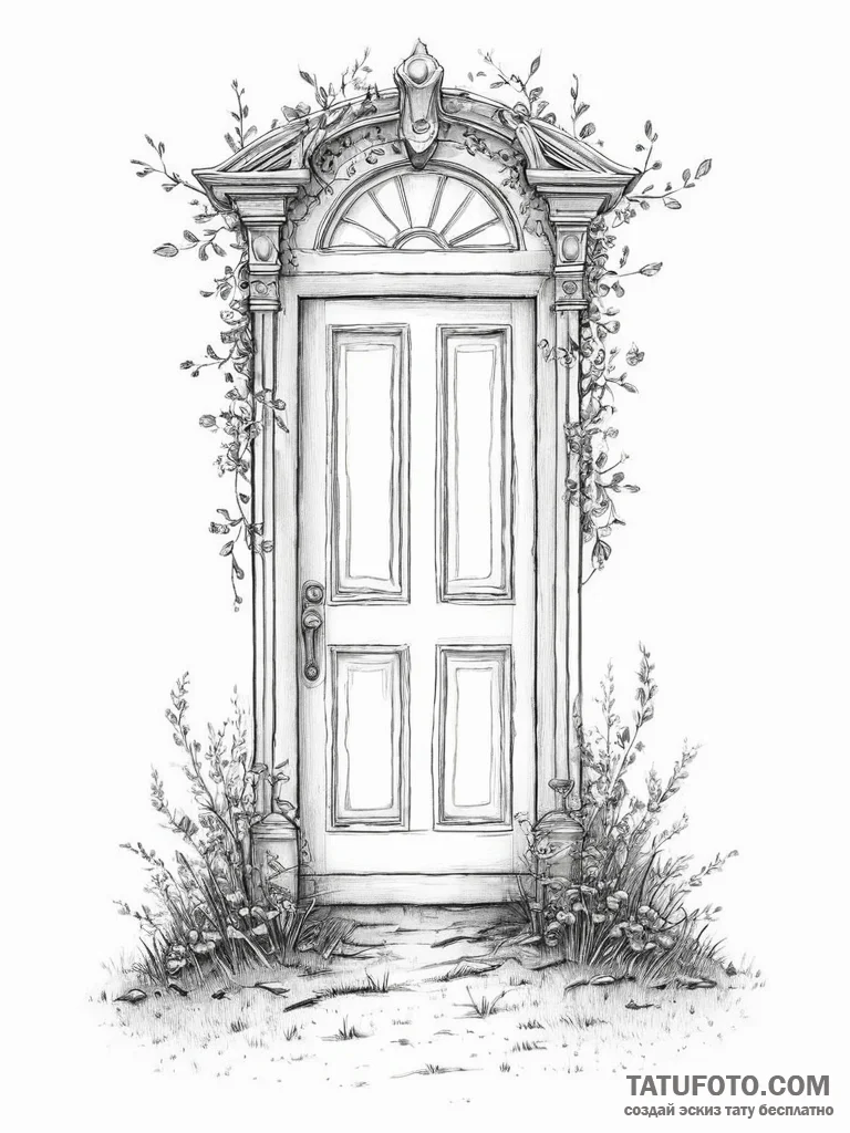 A door standing alone in a field, concept art... - эскиз тату (№1754474064_0, 06.08.2025 09:54) — Tatufoto.com