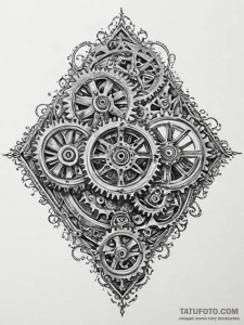 A close-up of a vintage watch movement, gears... - эскиз тату (№1754474464_0, 06.08.2025 10:01) — Tatufoto.com