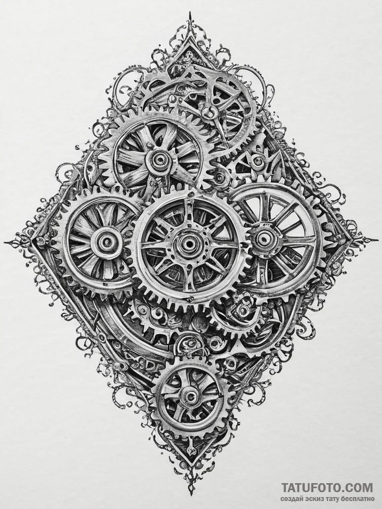 A close-up of a vintage watch movement, gears... - эскиз тату (№1754474464_0, 06.08.2025 10:01) — Tatufoto.com
