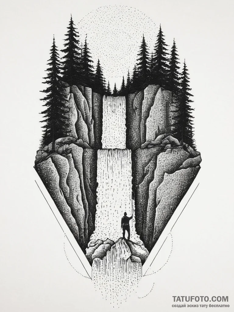 A person repelling down a waterfall., tattoo... - эскиз тату (№1754475862_0, 06.08.2025 10:24) — Tatufoto.com
