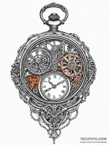 Pocket watch with exposed gears, ink illustra... - эскиз тату (№1754478284_0, 06.08.2025 11:04) — Tatufoto.com