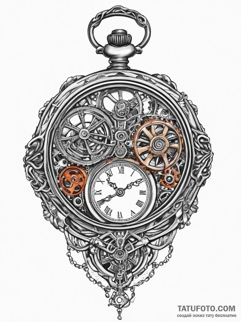 Pocket watch with exposed gears, ink illustra... - эскиз тату (№1754478284_0, 06.08.2025 11:04) — Tatufoto.com
