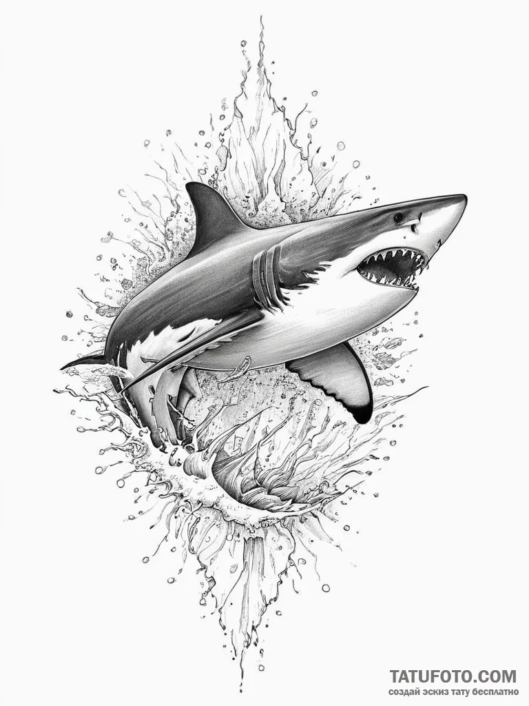 A great white shark breaching the water, capt... - эскиз тату (№1754478486_0, 06.08.2025 11:08) — Tatufoto.com