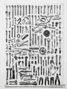 A mechanic's garage, with tools neatly organi... - эскиз тату (№1754482142_0, 06.08.2025 12:09) — Tatufoto.com