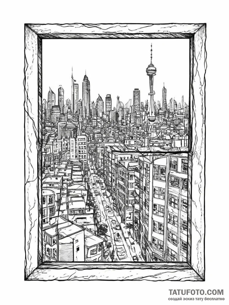 A window looking out onto a cyberpunk city, t... - эскиз тату (№1754482966_0, 06.08.2025 12:22) — Tatufoto.com