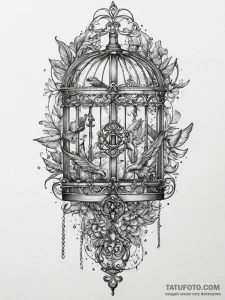 Tattoo sketch a key unlocking a birdcage, wit... - эскиз тату (№1754488476_0, 06.08.2025 13:54) — Tatufoto.com