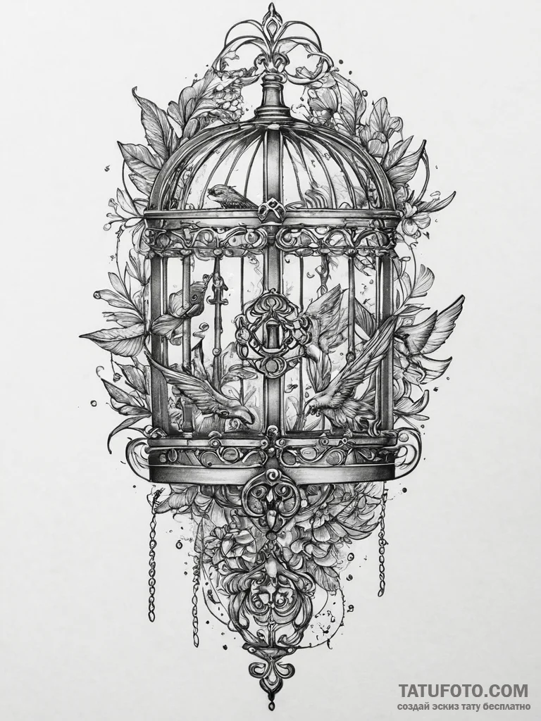 Tattoo sketch a key unlocking a birdcage, wit... - эскиз тату (№1754488476_0, 06.08.2025 13:54) — Tatufoto.com