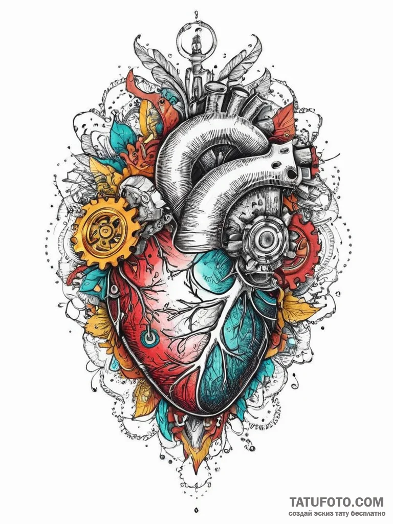 Anatomical heart with mechanical gears inside... - эскиз тату (№1754489094_0, 06.08.2025 14:04) — Tatufoto.com