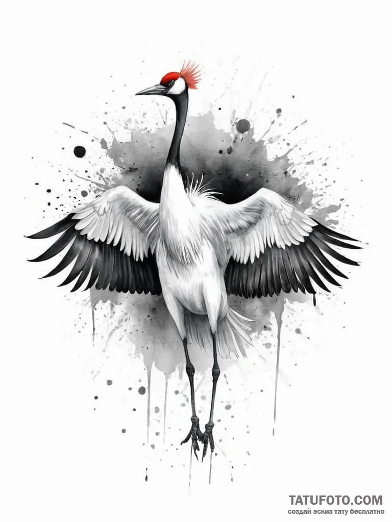 A red-crowned crane dancing, tattoo sketch de... - эскиз тату (№1754489290_0, 06.08.2025 14:08) — Tatufoto.com