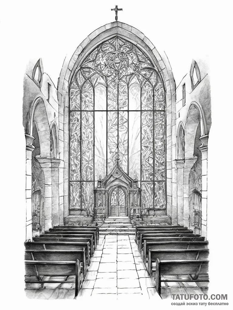 The inside of an old, abandoned church, with... - эскиз тату (№1754492163_0, 06.08.2025 14:56) — Tatufoto.com
