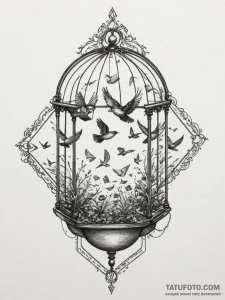 Open birdcage with birds flying out, tattoo l... - эскиз тату (№1754568412_0, 07.08.2025 12:06) — Tatufoto.com