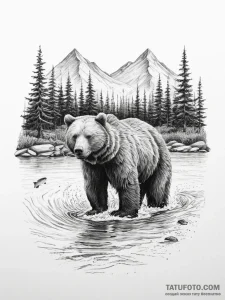 A brown bear standing in a river, trying to c... - эскиз тату (№1754573102_0, 07.08.2025 13:25) — Tatufoto.com